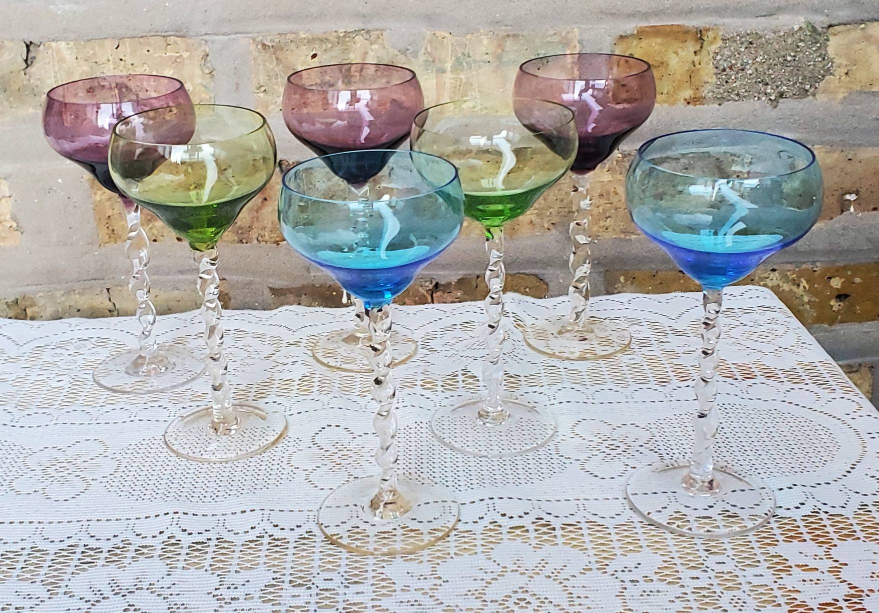 Vintage Colored Wine Glasses Goblet SET 2 Clear Stem Stemware Multicolor 7  1/2”