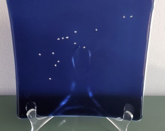 Aquarius Cobalt Blue Night Sky Art Glass Plate Constellation Rhinestone Star