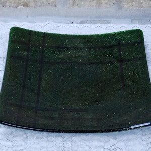 Emerald Green Glitter Glass Plate: Geometric Abstract Art, Signed