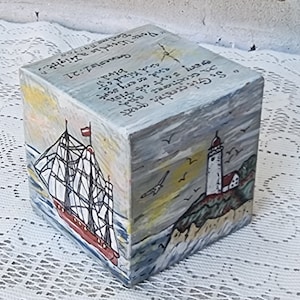 Vintage Wisconsin Hand Painted Scrim Shaw Style Lighthouse Boat Sailboat Schooner Seagulls Nautical Wood Wooden Block Cube Genesis 1:21
