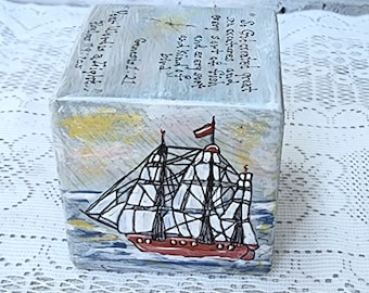 Vintage Wood Block Paperweight Hand Painted Nautical Wisconsin Lighthouse Schooner Boat Bible Verse