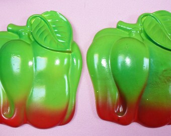 Set of 2 Miller Art Studio 1976 Green Red Pepper Vegetable Vintage Kitchen Decor Chalkware Plaster Wall Hanging