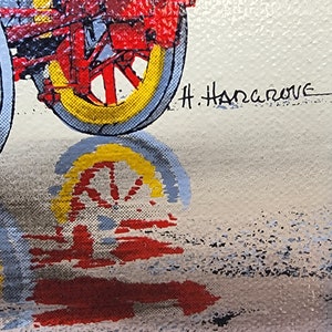 May include: A vintage-style painting of a red and yellow tractor with a blue and white shadow. The painting is signed "H. Hanrahan" in the bottom right corner.