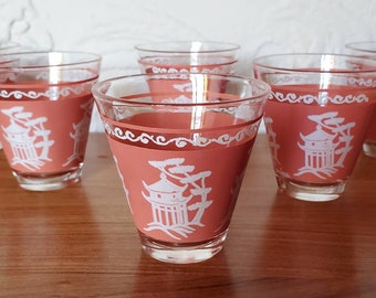 6 Vintage Hazel Atlas Dyball Mid Century Modern Coral Pink White Pagoda Asian Flair Barware Bar Glass Taper Cocktail Shot Glasses  Tumblers