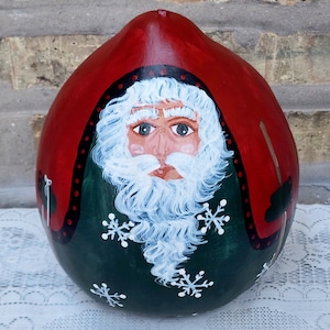 Large Hand Painted Red Green Santa Claus Kris Kringle Gourd Artwork Decorative Christmas Xmas Holiday Decor Signed J Aamot Owens