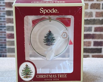 Vintage Spode Christmas Tree Mini Plate Spoon Green Stripe Christmas Xmas Tree Holiday Porcelain Ornament Original Box