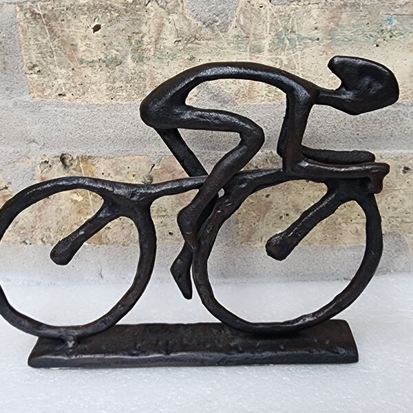 Brutalist Dark Brown Metal Bike Bicycle Cyclist Cycling Biker Rider Guy Man Sports Welded Metal Art Sculpture Figurine