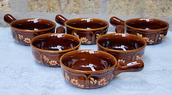 6 Vintage Pruszkow Poland Pottery Bowls: Mid Century Brown Glaze Floral Dishes