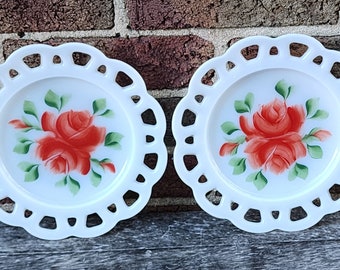 2 Vintage Anchor Hocking Milk Glass White Opal Opaque Open Work Lattice Lace Pierced Edge Hand Painted Rose Flower Floral Plates Dishes