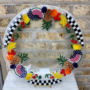 Vintage Peggy Karr Fused Glass Fruit Platter: Black & White Checkerboard, 19.5&quot;