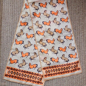 Vintage Nasharr Freres Running Horse Horses Gold Brown Orange Diamond Circle Border Polyester Fashion Rolled Edge Neck Scarf