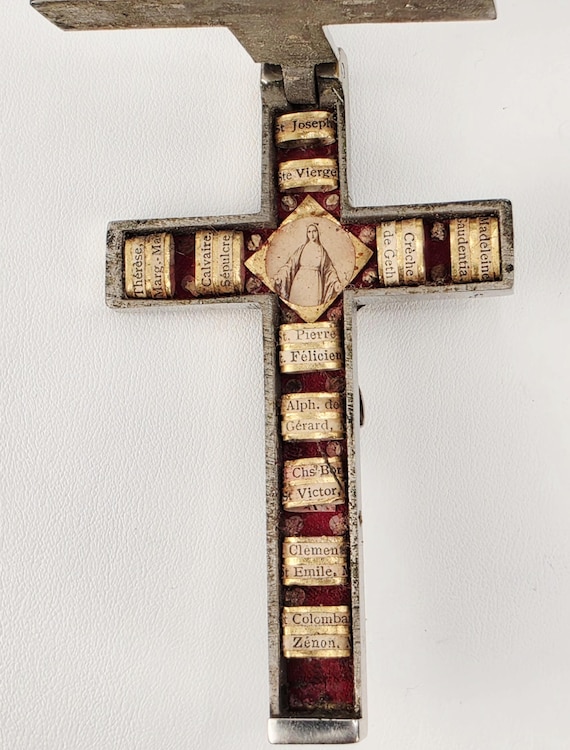 Antique French Reliquary Crucifix Multiple Saints Relics Virgin Mary Opening Cross Catholic Devotional Pendant