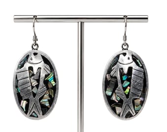 Vintage Mexico Sterling Abalone Fish Dangle Earrings 925 Artisan Jewelry