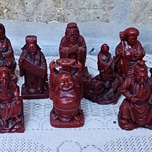 11 Vintage Asian Chinese Red Resin Immortals Diety Gods Feng Shui Woman Man Cinnabar Worship Good Lucky Protection Figurines Set