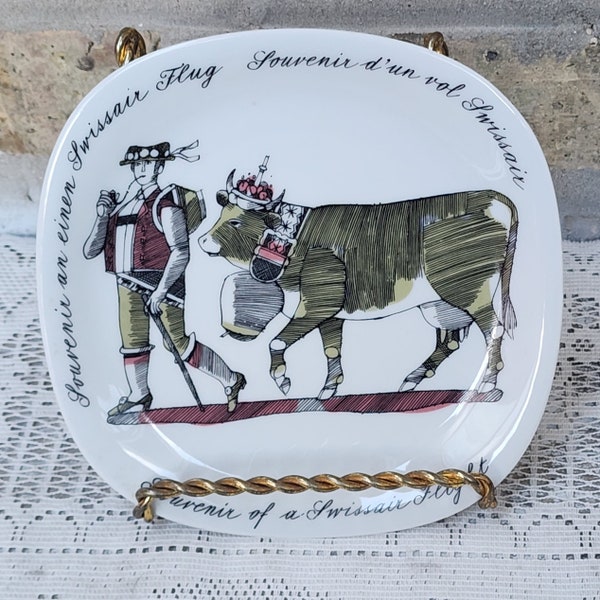 Vintage Swissair Air Airlines Flight First Class Souvenir Porcelain Plate Swiss Dairy Cow Wearing Bell with Shepard Kurt Wirth Art Work Dish