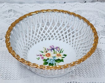 Vintage Romania White Porcelain Gold Accent Rim Daisy Iris Floral Flower Twist Loop Open Work Pierced Lace Bowl