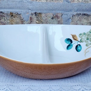 Vintage Iroquois Informal China Ben Seibel Old Orchard Brown Harvest Grapes Leaf Plums Fruit Large Divided Vegetable Serving Bowl