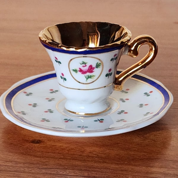 Vintage Goldschmuck Gold Trim Pink Rose Bud Flower Floral Cobalt Blue Stripe Mini Miniature Porcelain Teacup Cup Saucer