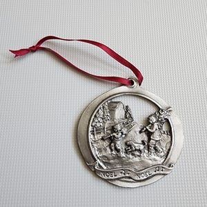 Vintage York Pewter Ornament Noel Christmas Schumann Sculpture Family Dad Child Dog Cutting Down Xmas  Holiday Tree Round Winter Ornament