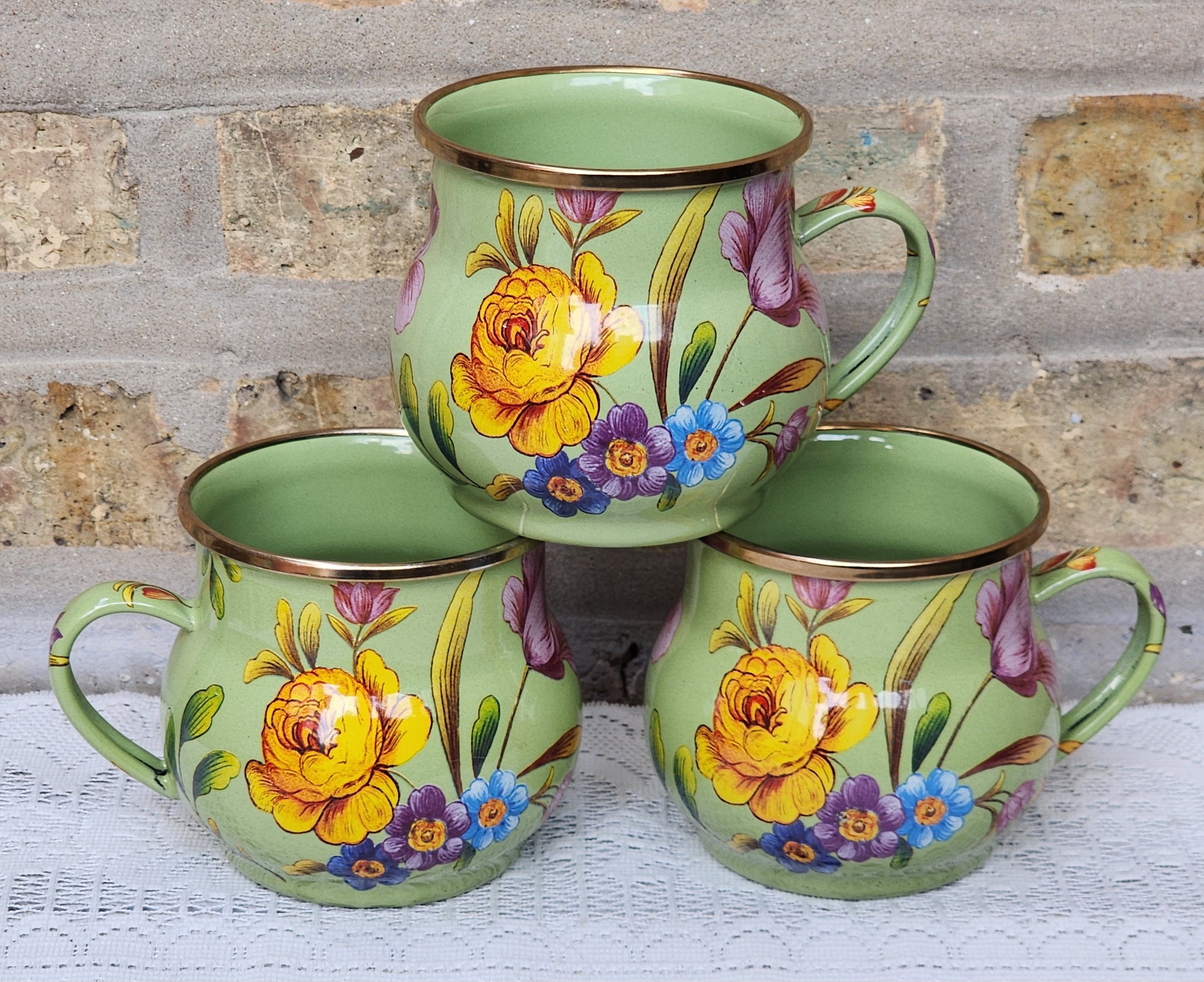 Mackenzie Childs Flower Market Enamel Mugs - Set of 3 Floral Cups