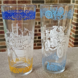 2 Vintage Hazel Atlas Federal Americana Horseless Carriage Showboat Kitchen Water Juice Beverage Lemonade Peanut Butter Glasses Tumblers