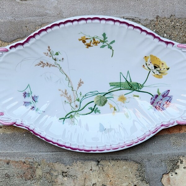 Vintage Twos Company Magenta Scroll Closed Handle Flower Floral Grasshopper Butterfly Porcelain Oval Wall Hanging Plate Platter Dish