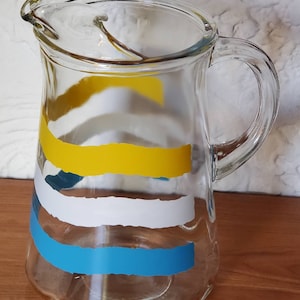 Vintage Striped Glass Pitcher: Yellow, White & Blue Wave Design