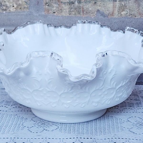 Vintage Fenton Silver Crest White Milk Glass Spanish Lace Ruffle Clear Edge Compote Centerpiece Footed Fruit Decorative Display Bowl