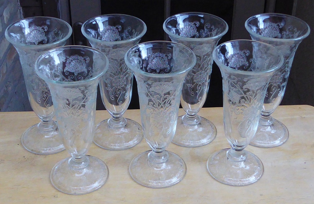 7 Vintage Clear Hazel Atlas Florentine No 2 Poppy Flower Floral Glass