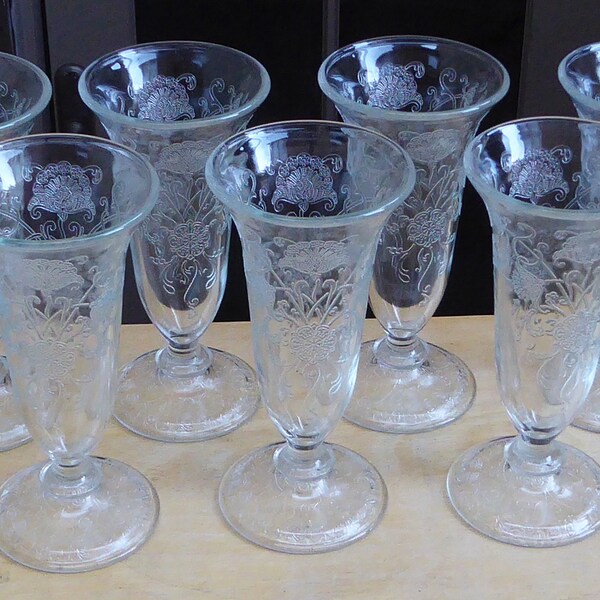 7 Vintage Clear Hazel Atlas Florentine No 2 Poppy Flower Floral Glass Parfait Dessert Drinking Beverage Water Footed Tumblers Glasses Cups