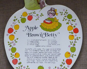 Vintage Japan Lorrie Design Apple Brown Betty Dessert Pie Recipe Wood Carving Board Country Kitchen Wall Hanging Decor Plaque Trivet