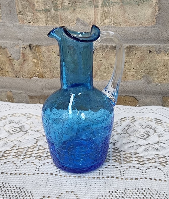 Vintage Azure Blue Crackle Art Pilgrim Glass Vertical Rib Ribbed Clear  Handle Hand Mouth Blown Small Glass Mini Pitcher Urn 