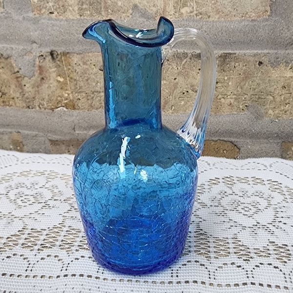 Vintage Azure Blue Crackle Art Pilgrim Glass Vertical Rib Ribbed Clear Handle Hand Mouth Blown Small Glass Mini Pitcher Urn