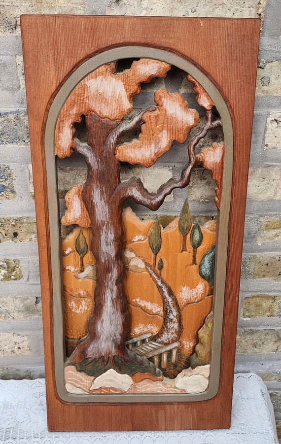 Vintage Hand Stained Painted Wood Wooden 3D Forest Path Scene Wall 