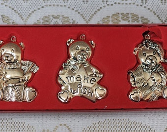 3 Vintage Make Wish Teddy Bear Gorham Christmas Xmas Tree Drum Nickel Plated Silver Tone Metal Ornaments New In Box