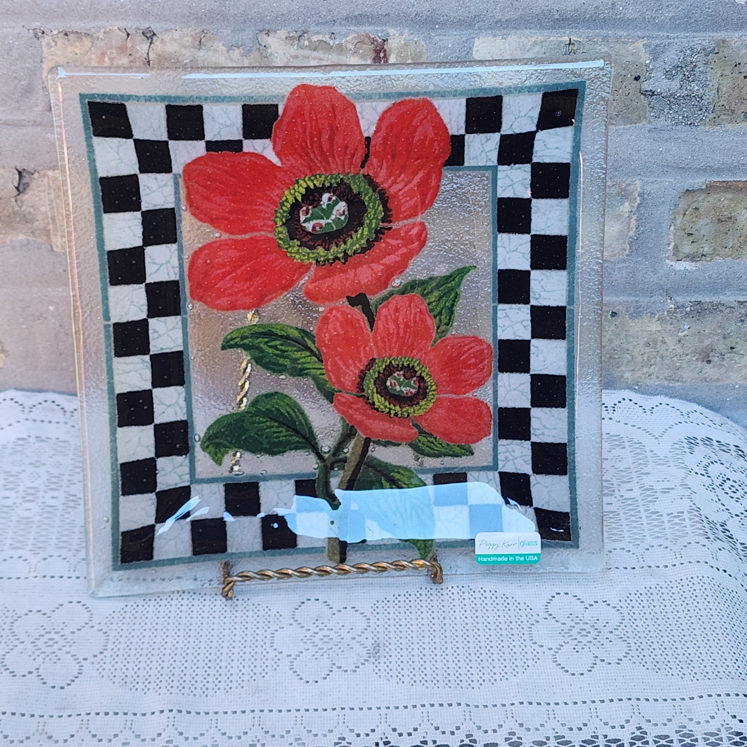 Vintage Peggy Karr Red Poppy Flower Fused Glass Square Plate