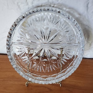 Vintage Princess House 829 Sawtooth Radiant Fan Dot Clear Crystal Glass 2 Section Double Divided Candy Nut Party Relish Bowl Serving Dish