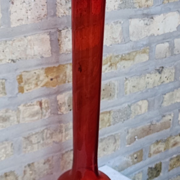 Vintage Mid Century Modern Hand Blown Red Glass Long Stretch Neck 22" Tall Bulbous Bottom Statement Vase