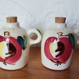 Vintage Purinton Pottery Ceramic Hand Painted Apple Blue Green Leaves Whiskey Jug Kitchen Salt and Pepper Shakers