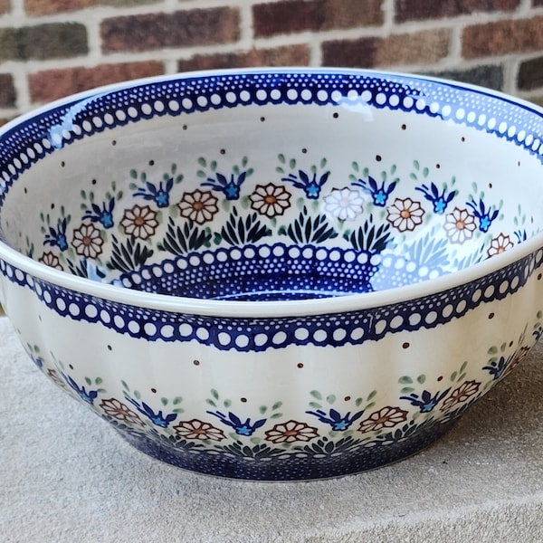 Vintage Boleslawiec Cobalt Blue Dot Daisy Flower Floral Stripe Star Bouquet Design Ikat Poland Pottery 11" Large Serving Mixing Bowl