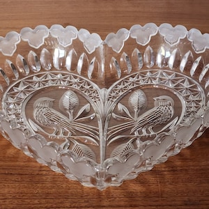 Vintage Hofbauer Byrdes Crystal Bowl: Heart Shape Frosted Birds