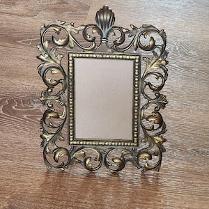 Vintage Gold Gilded Cast Metal Frame Rococo Fancy Ornate French Baroque Filigree Scroll Hollywood Regency Boudoir Photo Picture Display