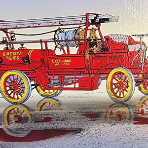 May include: A vintage red fire engine with a ladder, hose, and a bell. The engine has the words "Ladder Co. No. 5" and "Lakewood Fire Dept." on the side. The engine is painted in a red, yellow, and black colour scheme. The engine is reflected in a puddle of water.