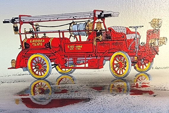 Vintage Fire Truck Engine Serigraph Metal Accent Framed Canvas Wall Art