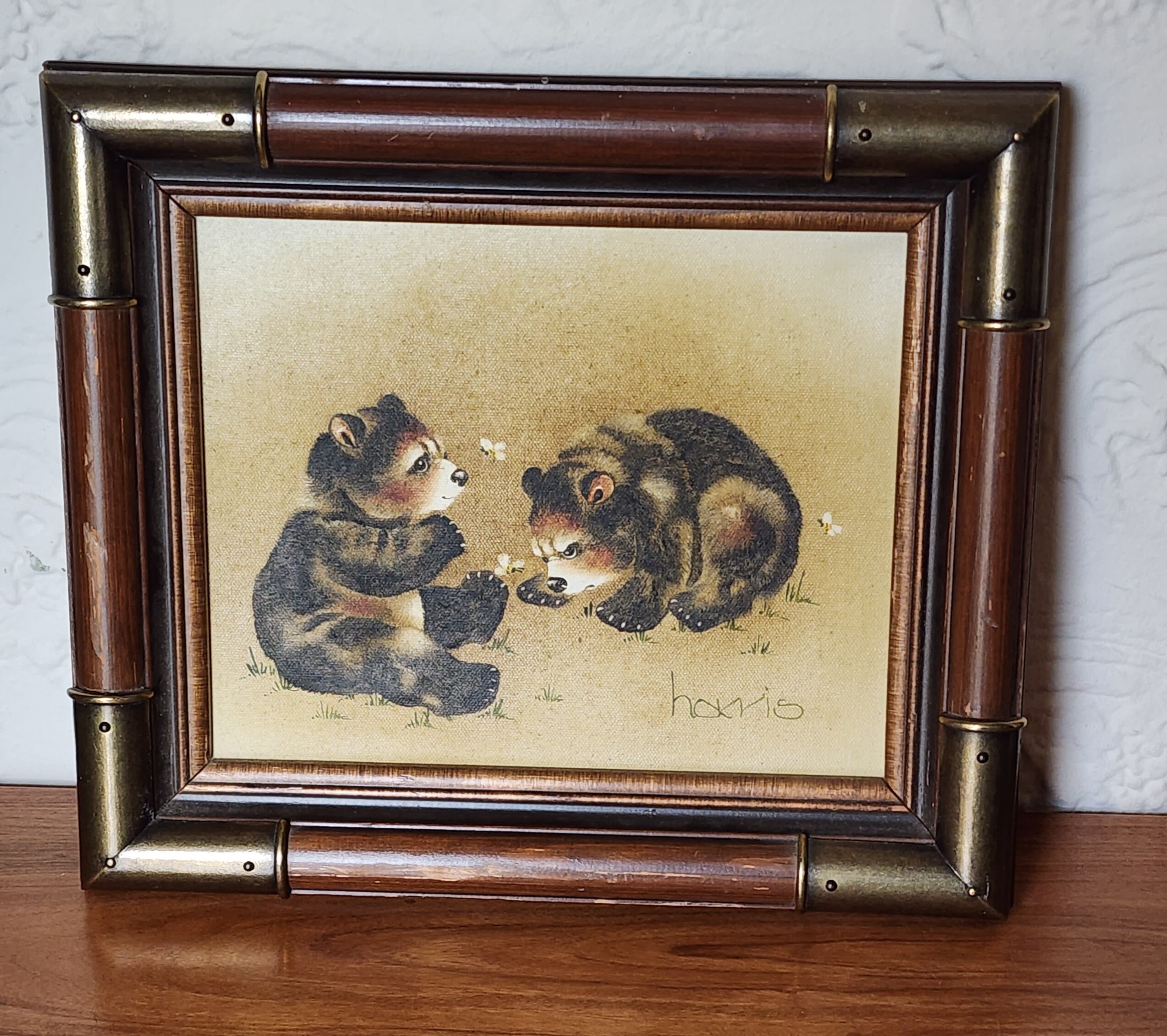 Vintage Peggy Harris Bears Canvas Oil Painting - Framed Wall Art