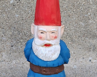 Vintage Red Hat Roaming Gnome Santa Father Time Wizard Beard Blue Jacket Hand Painted Carved Wood 1993 Lumear Netolicky Figurine Statue