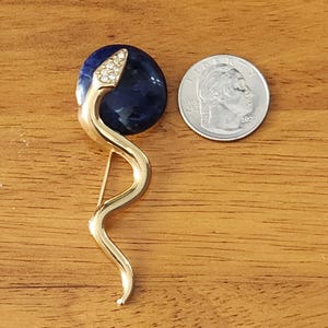 Vintage Blue Lapis Sodalite Dumortierite Quartz Natural Stone Rhinestone Snake Head Gold Tone Metal Fashion Costume Jewelry Lapel Brooch Pin