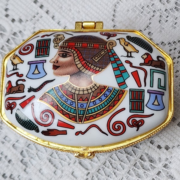 Egyptian Princess Queen Egypt Hieroglyphics Symbols Porcelain Trinket Holder Jewelry Box