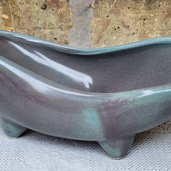 Vintage Pioneer USA Gray Green Ombre Free Form Mid Century Modern Gold Ceramic Amoeba Bean Gourd Pedestal Planter Centerpiece Bowl