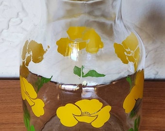 Vintage Anchor Hocking Fire King  Yellow Foxy Flower Kitchen Glass Table Serving Juice Water Beverage Carafe Pitcher